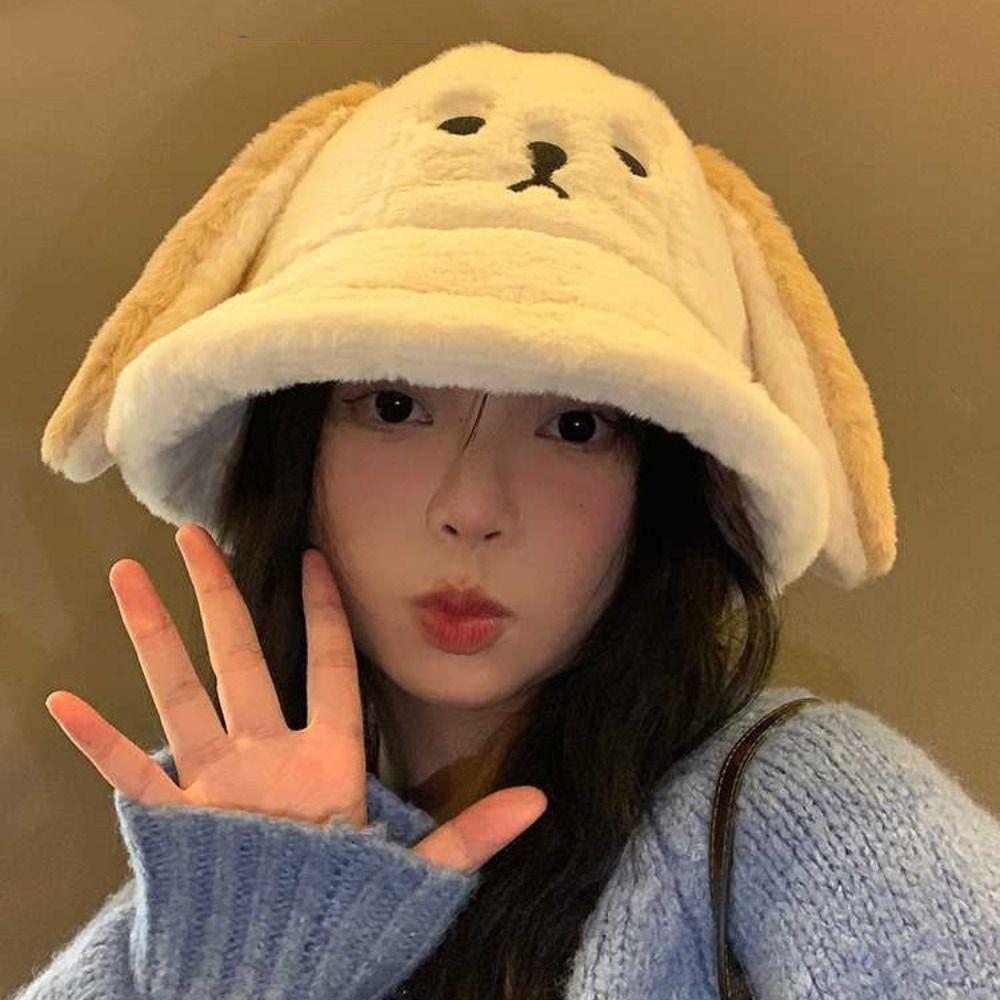 Korean Doggie Ear Bucket Hat Warm Women Plush Hats Cute Oversized Puppy Hat  Girls