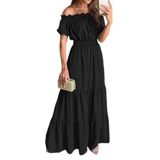 Пляжное платье с пышными короткими рукавами и эластичной талией, с большим подолом, трапециевидной формы и высокой талией, летнее с открытыми плечами, сплошное цветное платье макси в стиле бохо, уличная одежда