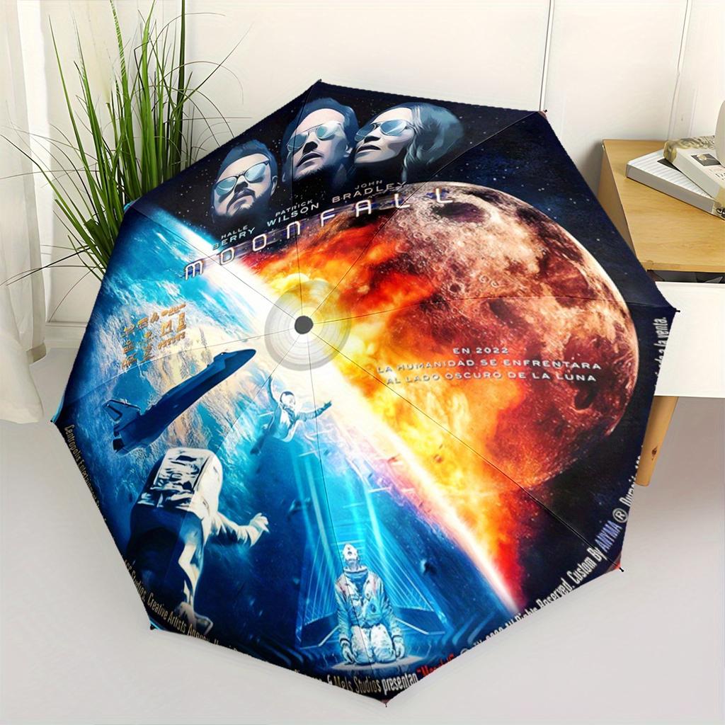 1pc Moonfall Pattern Print Automatic Folding Umbrella - Portable & Foldable Design with 8 Ribs, Durable Plastic/Iron Construct