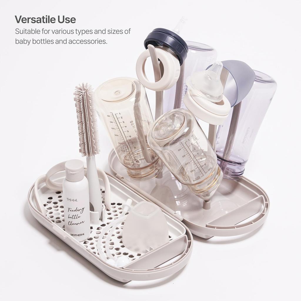 [Authentic] MOTHER-K Portable Water-Repellent Baby Bottle Case, Drying Rack, and Bottle Stand Set (Includes Drainer, Mini Bottle, and Brush) Cream