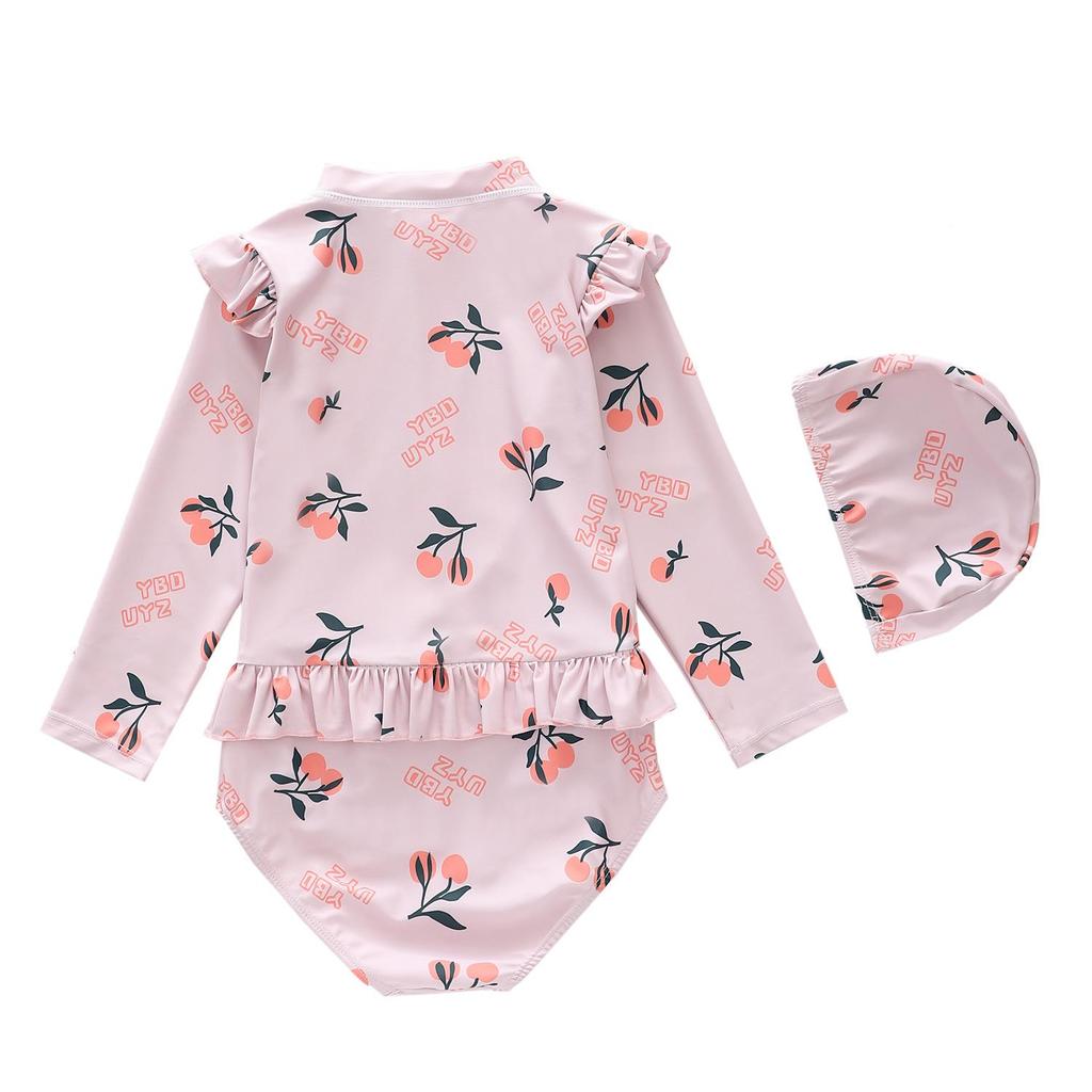 One-piece Kids Swimming Suit Long Sleeve Hat+Romper Matching Baby Girls Swimwear Seaside Clothes Casual Children Bathing Suits