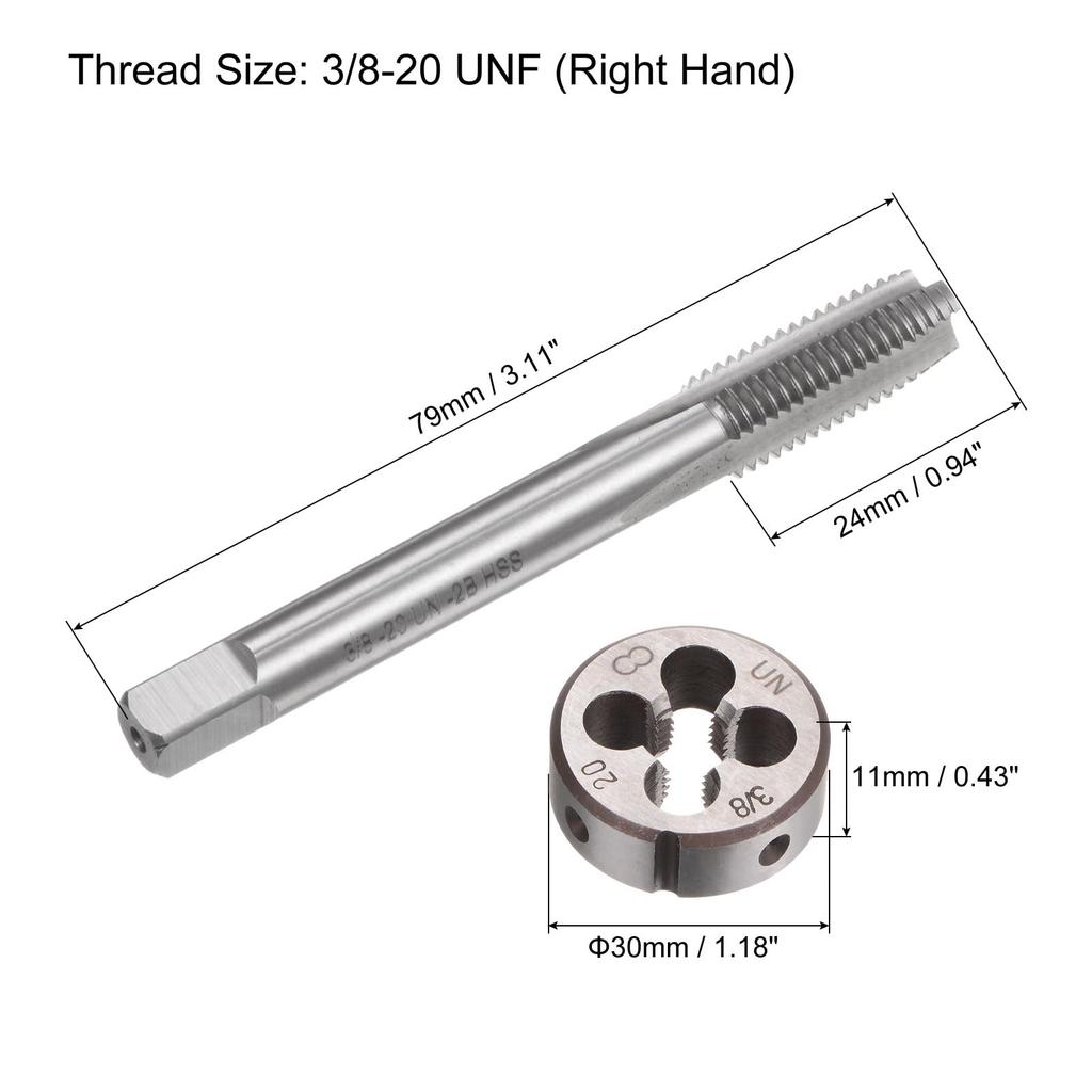 Uxcell Набор метчиков и плашек из 2 штук, Метчик и круглая плашка с резьбой 3/8-20 UNF, Инструмент для нарезания резьбы, Набор метчиков и плашек для ремонта резьбы гаек, винтов, болтов