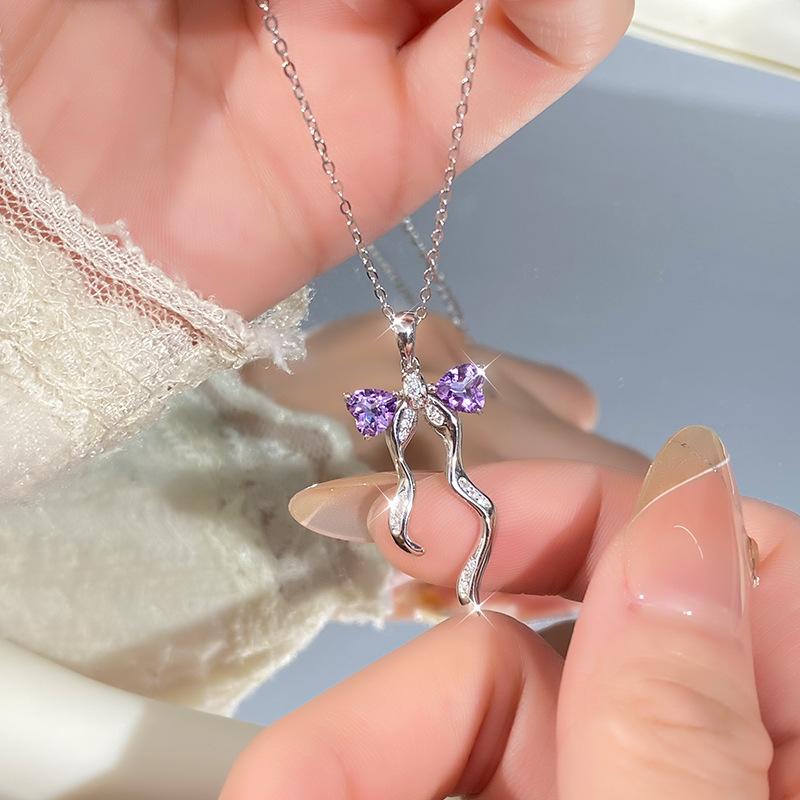 925 Sterling Silver Butterfly Pendant Necklace for Women, Natural Amethyst/Topaz Crystal Necklace, INS Style Dainty Jewelry Gift