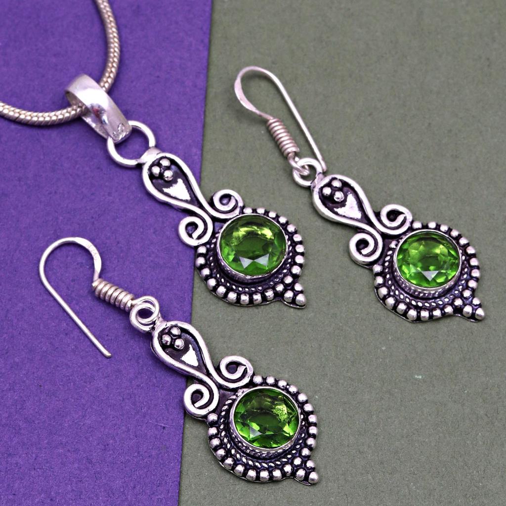 Peridot   Gemstone Pendant Jewelry Set Quartz Necklace 18-20''