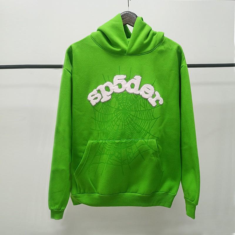 Sp5der Hoodie Oversized Thick Fleece Sweatshirt With Foil Print Spiderweb Design Men Winter Casual Wear