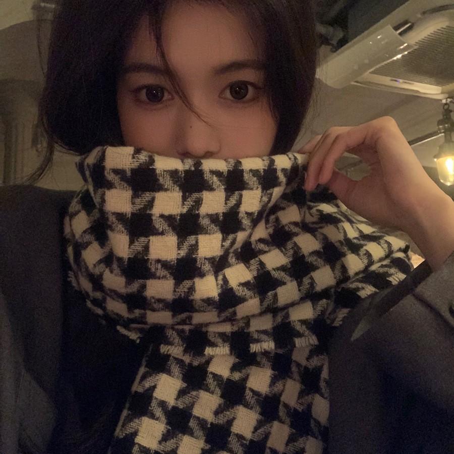 Houndstooth Scarf Women's Autumn and Winter Korean Version Versatile Niche Thickened Imitation Cashmere Large Shawl Dual Purpose Plaid Scarf Trendy