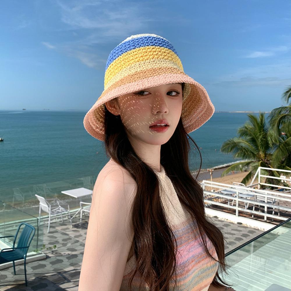 Shade Sun Caps Sunscreen Bucket Hat Stripe Beach Fisherman Hat Rainbow Straw Hat  Outdoor Sports
