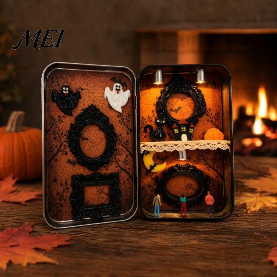 Festive Halloween Keepsake DIY Mini Photo Frames Silhouette Tin Box, Miniature Small Storage Picture Display Container for Party Home Decor