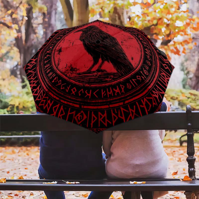 Узор "Рунический Ворон", автоматический складной зонт, портативная и складная конструкция, 8 спиц, рождественский или праздничный подарок.