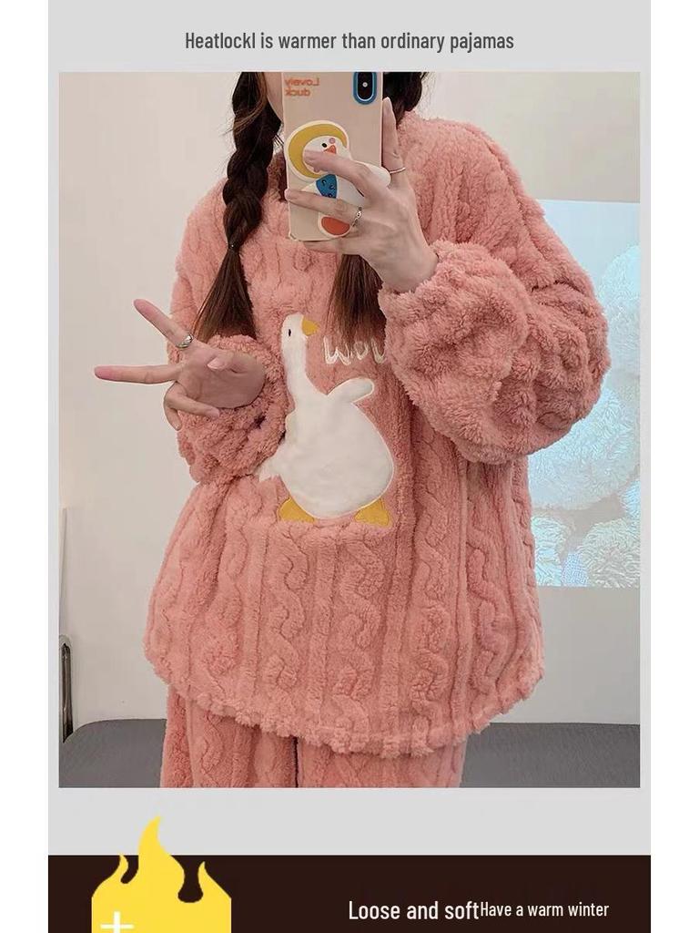 Женский зимний пижамный комплект из кораллового флиса: Милый, Утепленный, На велюровой подкладке, С длинным рукавом, Свободный фланелевый домашний костюм, Можно носить на улице