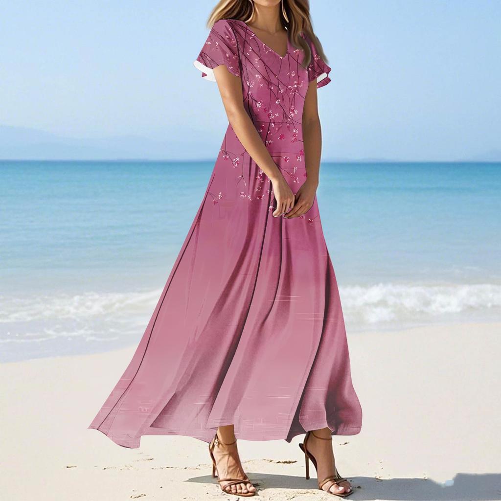 Женские повседневные модные длинные платья с принтом, платья с V-образным вырезом и коротким рукавом