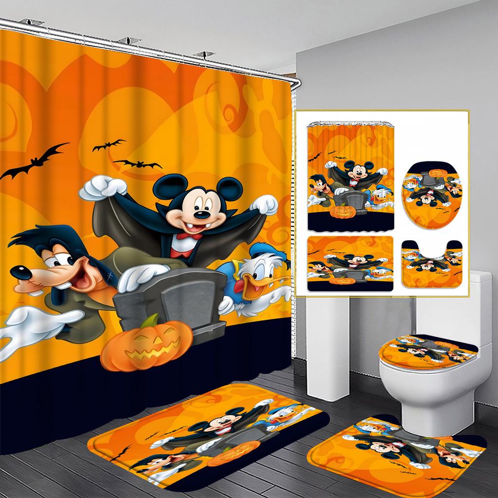 Halloween Mickey Mouse Cartoon Shower Curtain Gift Home Bathroom Curtain Bathroom Non-Slip Mat U-Shaped Mat And Shower Curtain Set