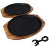 Industry Cast Iron Plate Large Black Steak Plate: 240x175x23mm, Wooden Plate: 290x190x14mm, Handle: 110mm, Set of 2, Gas/IH/Grill