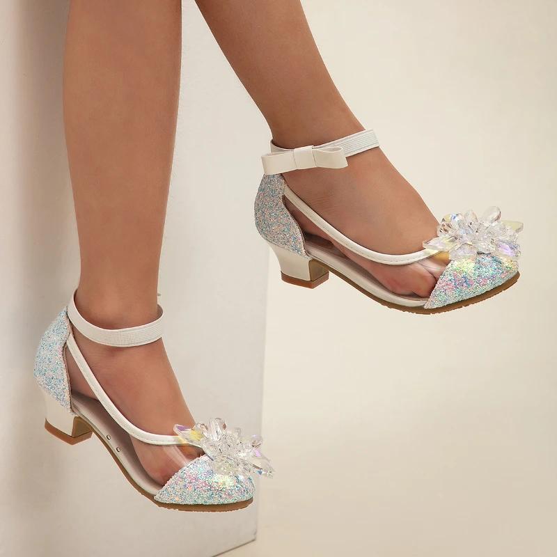 Girl's High Heel Shoes Ankle-strap Bowknot Children Princess Shoes Fashion Sequins Kids Leather Shoes for Wedding Party