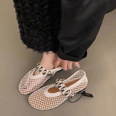 Весенние новые туфли на плоской подошве с круглым носком и мелким горлом, сетчатая ткань, дышащая металлическая пряжка, мягкая подошва, нескользящая одинарная обувь