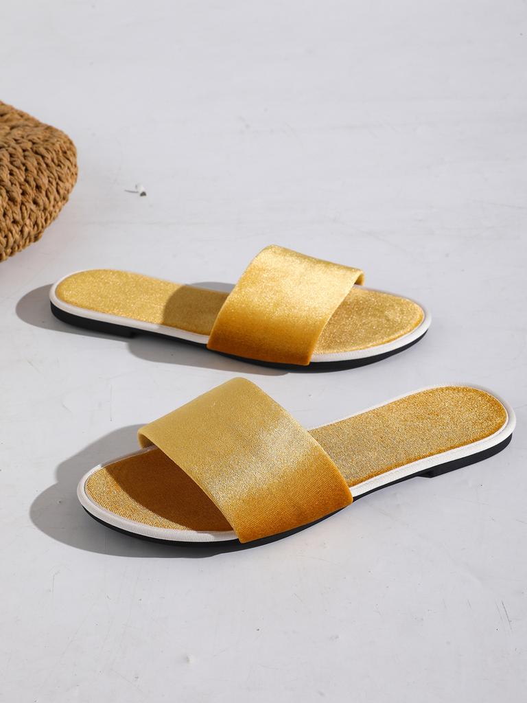 Fashion Casual Round Toe Flat Heel Metal Color Sandals Open Toe Slippers for Women Daily Wear Comfortable Slip On Oes Rubber Sole