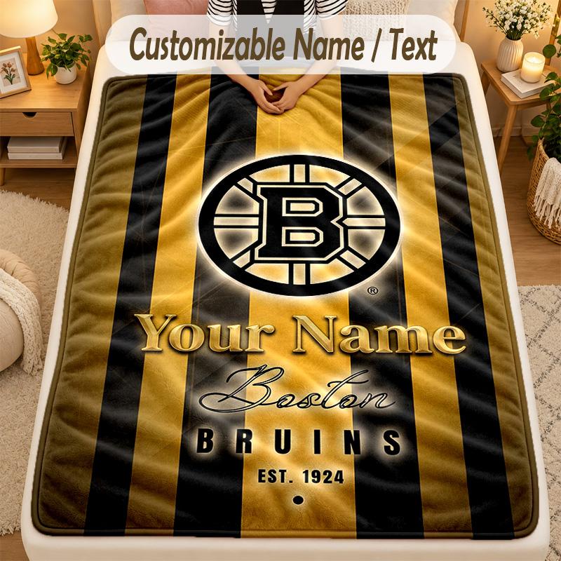 Flannel BlanketBoston Bruins Custom Name Text Personalized Soft Warm Throw Blanket Home Decor Gift