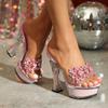 Летние модные женские шлепанцы с розовыми цветами и кристаллами, пикантные сандалии на платформе и высоком каблуке, женская обувь с открытым носком