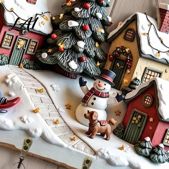 Festive Wall Hanging for Living Room Christmas Winter Village Wooden Hanging Snow House Snowman Plaque 4 Hook Small Accessory Organizer with
