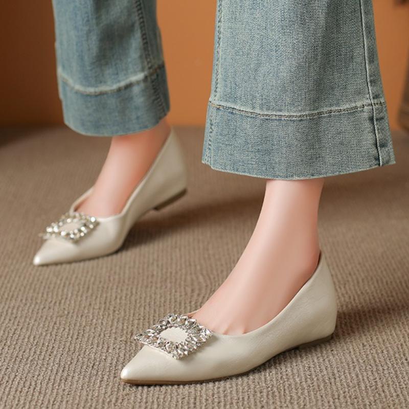 Fashion Women's French Style Versatile Low-Cut Flats New Arrival Elegant Pointed Toe with Rhinestone Square Buckle, Office Dress Shoes