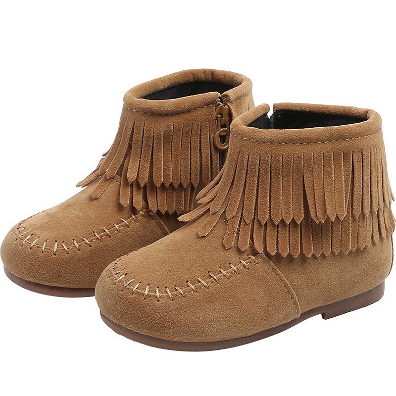 Winter Girls Fringes Ankle Boots Flock Warm Rubber Boots Toddler Kids Cotton Padded Tassels Boots Red Pink Black Color