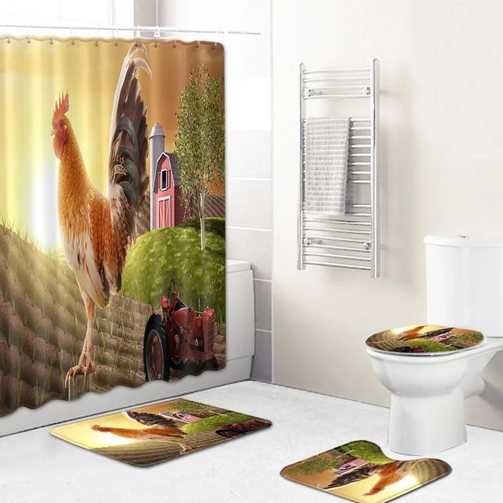 Home Waterproof Print Shower Curtain 4 Piece Carpet Cover Toilet Cover Bath Mat Pad Set Bathroom Curtain Bathroom Decoration
