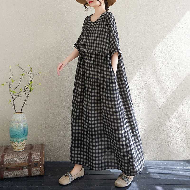 Тонкий хлопок и лен Круглый вырез Короткий рукав Клетчатая Длинная юбка для женщин