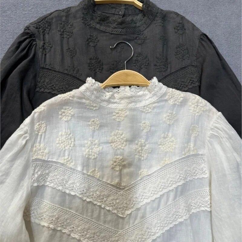 Johnature Japanese Mori Women Embroidered Dress Autumn Vintage French Puff Sleeves Lace Collar Autumn Long Dress