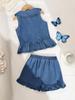 Cute and sweet two-piece set for little girls: a denim vest top featuring a 3D bow and ruffled hem, paired with stylish denim ruffled shorts.