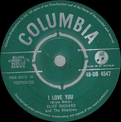 7-дюймовая пластинка CLIFF RICHARD & THE SHADOWS - I Love You 45DB4547 Columbia 1960 UK Рок Б/У