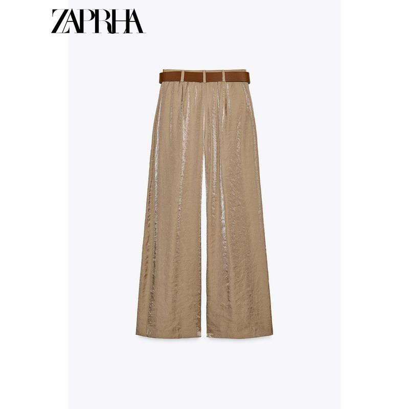 Zaprha 2025 New Arrival Fashion Loose and Idle with Belt Silk Satin Wide Leg Casual Pants for Women 3533556