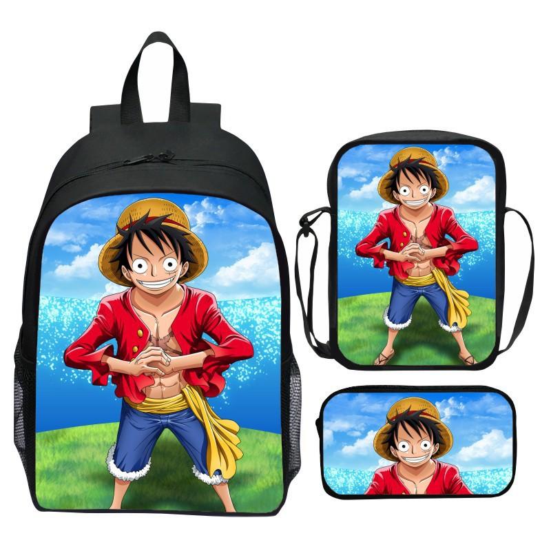 One Piece Printed 3-Piece Backpack Set Cartoon Pirate Navy Elementary School Bag Large Capacity Water-Resistant Kids Backpack