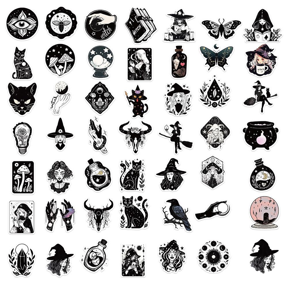 50 Cartoon Black and White Witch Doodle Stickers Decorate Guitar Notebook Suitcase DIY Waterproof