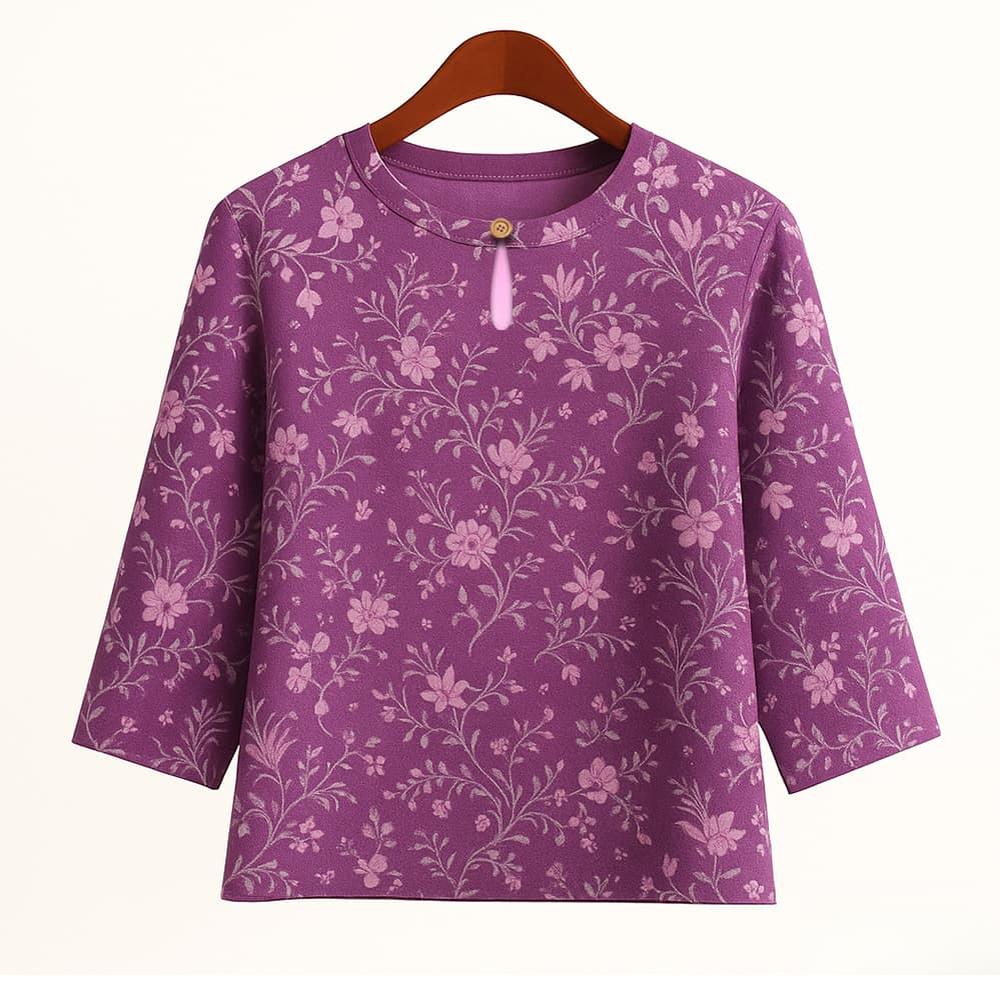 Casual Blouse, Vintage Style, For Women, Floral Print, O Neck, Three Tribal Sleeves, Elegant Loose Top, Made of Elastic Hem