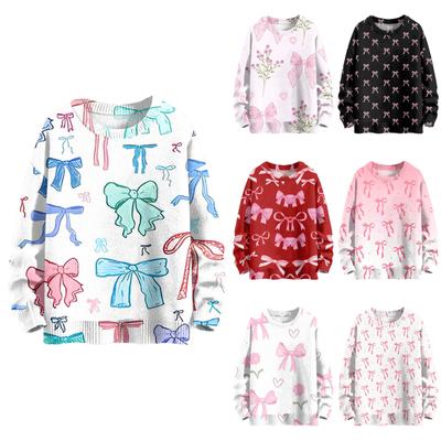 Женская мода повседневный длинный рукав бант принт милый ворот шерстяной трикотажный пуловер топ