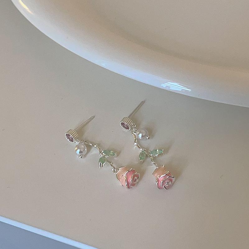 Элегантные серьги-пусеты с кисточками из розового циркона в виде розы для женщин - Высококлассный универсальный дизайн