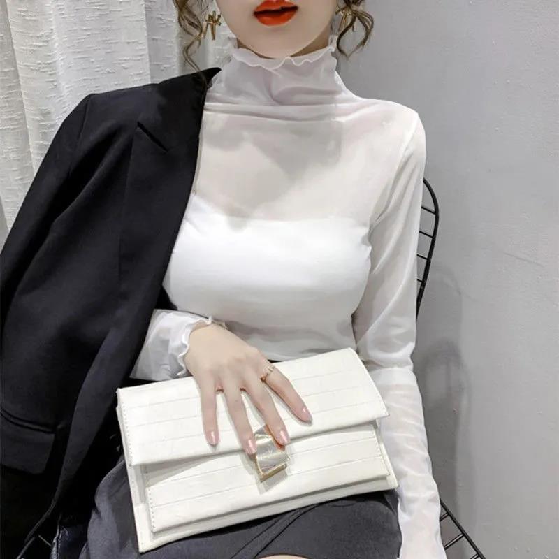 Sexy Women T Shirt See Through Transparent Tops Long Sleeve Sheer Slim Ladies Turtleneck T-Shirt New Arrival Women Pullover