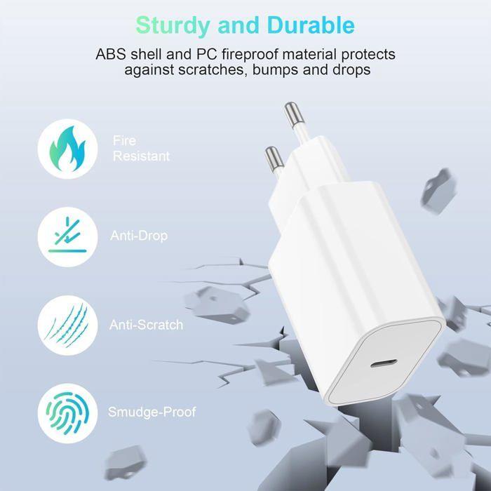 Chargeur iPhone - Apple - 20W - Charge rapide - Câble Lightning 2m - USB Type C