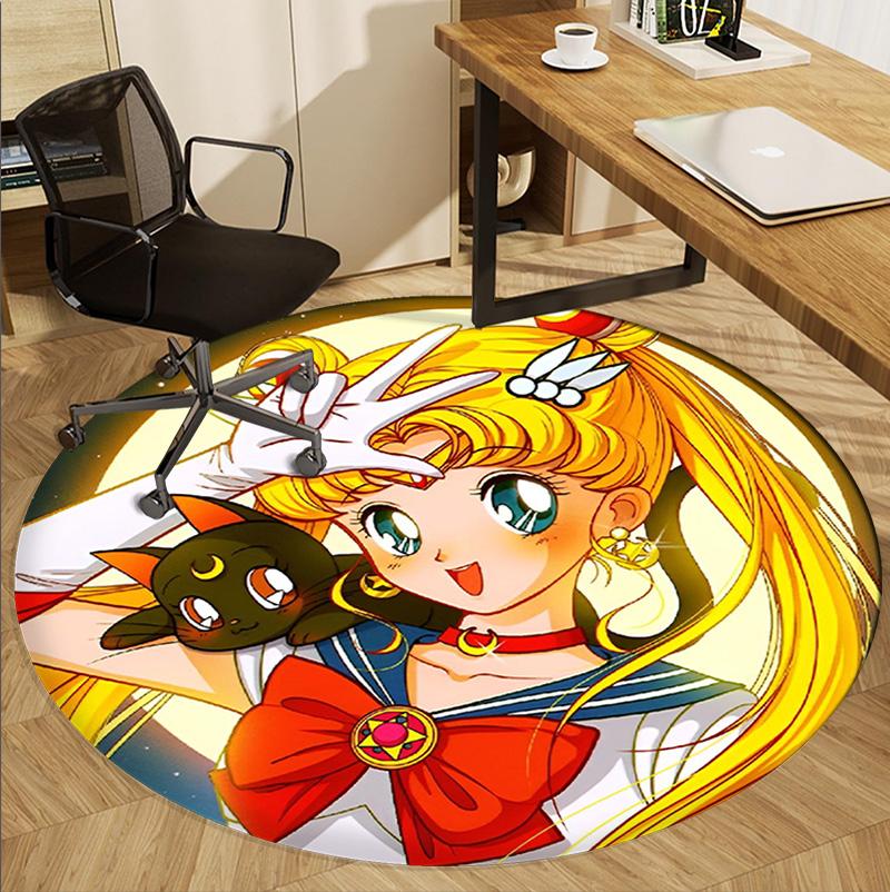 Sailor Moon Pattern Round Rug, Indoor/Outdoor Mat, for Picnic, Gameroom, Bedroom, Office, Living Room, Home Decor Carpet, Birthday Gift