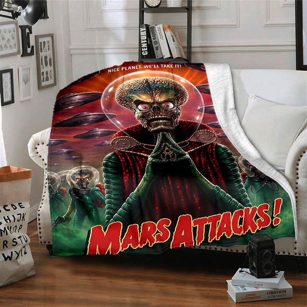 Mars Alien Invasion Flannel Blanket Super Soft Warm Cozy Blanket for Sofa Bed Office Travel All‑Season Home Decor Gift