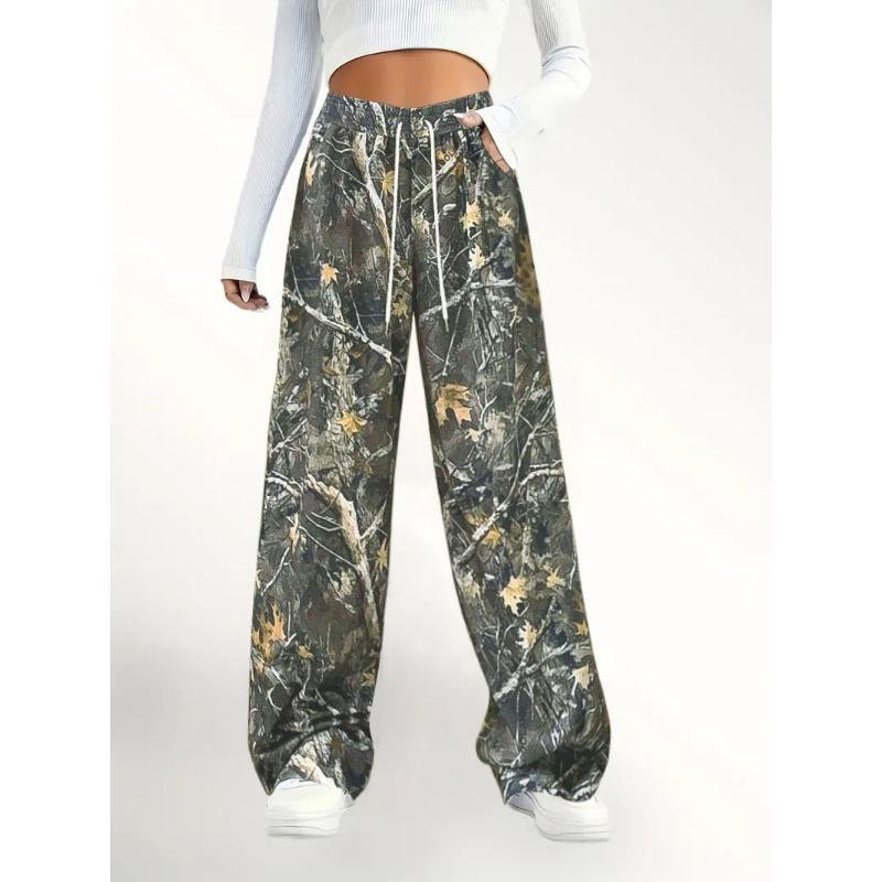 Women's New Spring Fashion Casual Drawstring Waist Camouflage Print Wide Leg Loose Loose Straight Trousers