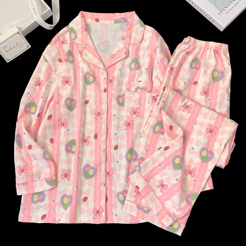 Pink Cloud Striped Long-Sleeve Pajamas: Cozy Cotton Set for Spring and Autumn.