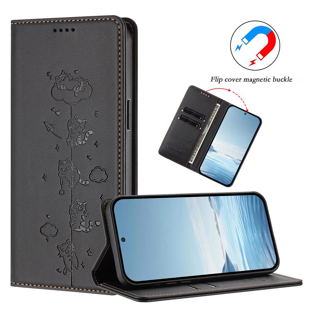 For iPhone 16 Pro Max Case RFID Blocking Wallet Stand Imprinted Cat Pattern Leather Phone Cover