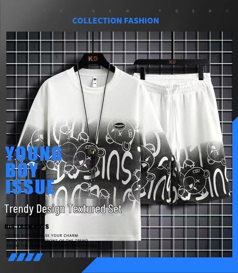 Мужской летний вафельный костюм из ледяного шелка, состоящий из двух частей, в стиле кэжуал - футболка с коротким рукавом и шорты