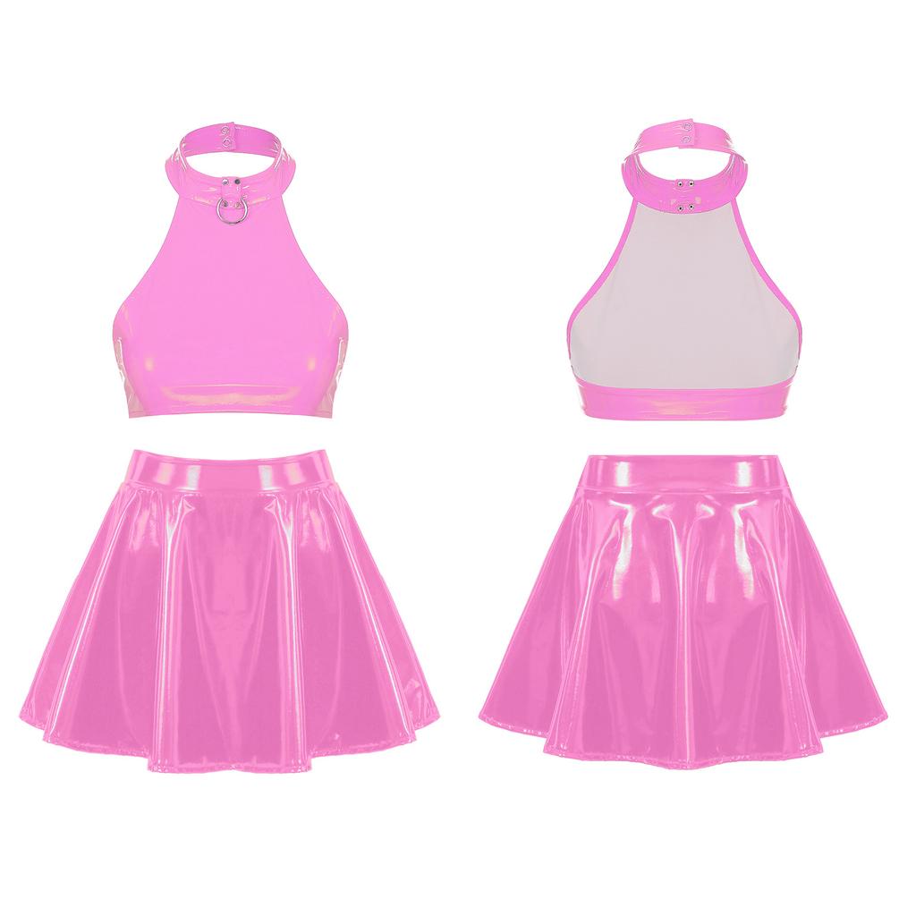 Womens Shiny Patent Leather Crop Top Vest with Mini Pleated Skirt Cheerleading Dance Set