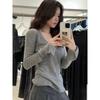 Korean-Style Gray Knit Slim-Fit Women's Long Sleeve Low Neck Top for Early Spring