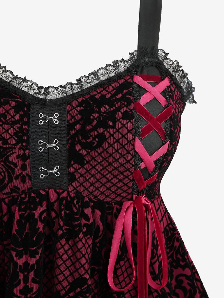 Rosegal Плюс Размер Клетчатый Цветочный Флокированный Топ на Шнуровке Асимметричная Кружевная Отделка Майка