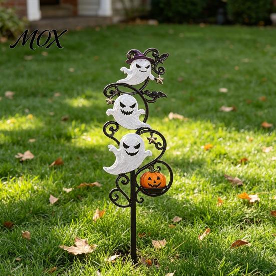 Durable Iron Garden Stakes Halloween Ghost Ground Stake with String Light, Lighted Metal Yard Art Sculpture for Photography Props Lawn Path
