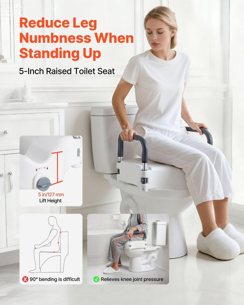 Raised Toilet Seat with Arms, 136.1 kg Load Capacity, 127 mm Lift Height, Widened Commode Elevated Toilet Seat Riser with Padded Handles for Seniors,