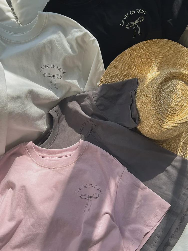 Свободное платье-футболка в корейском стиле для девочек с бантом сзади - летняя одежда с короткими рукавами, средний размер